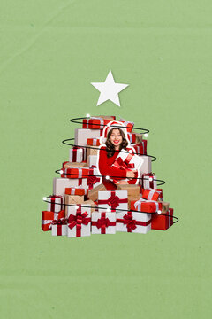 Collage photo of abstract woman wear santa claus costume wear hat hold pile gift boxes christmas tree postcard isolated on green color background