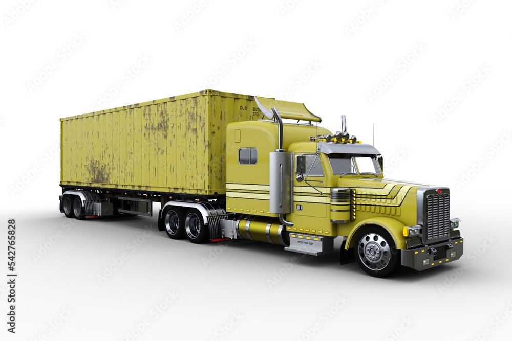 Poster 3d rendering of a generic yellow semi-trailer container truck isolated on transparent background.
