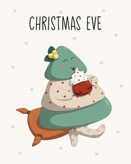 Christmas Eve greeting card with a cute Christmas tree wearing a warm sweater drinking a tasty drink, holiday adventures, flat vector illustration, hand drawn cartoon