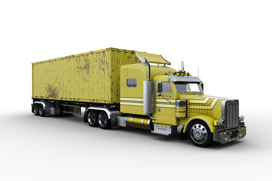 3D rendering of a generic yellow semi-trailer container truck isolated on transparent background.