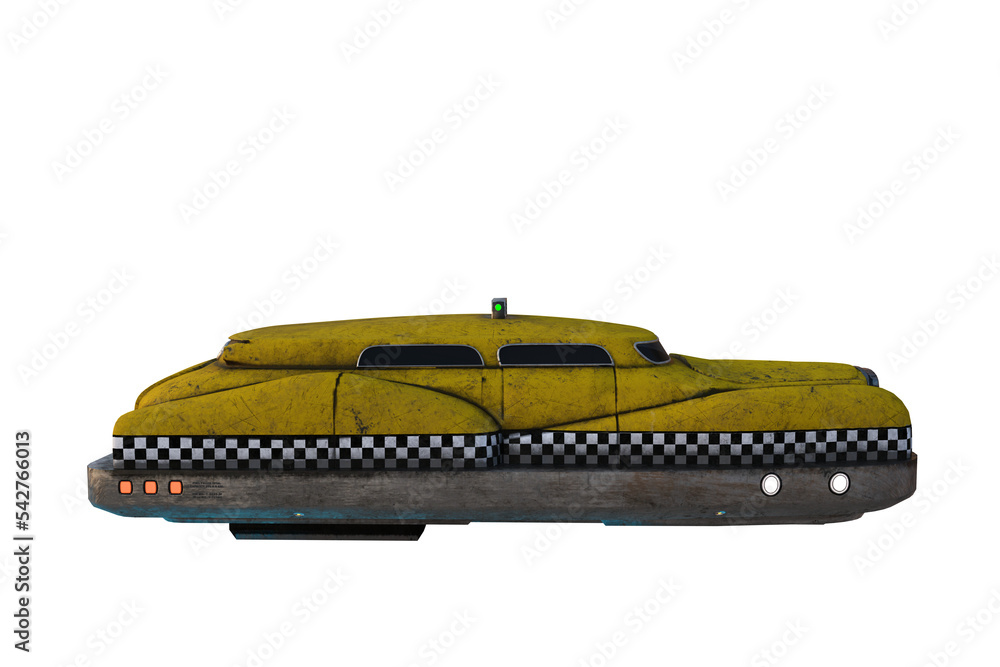 Poster Side view 3D rendering of a flying cyberpunk yellow taxi cab isolated on transparent background.