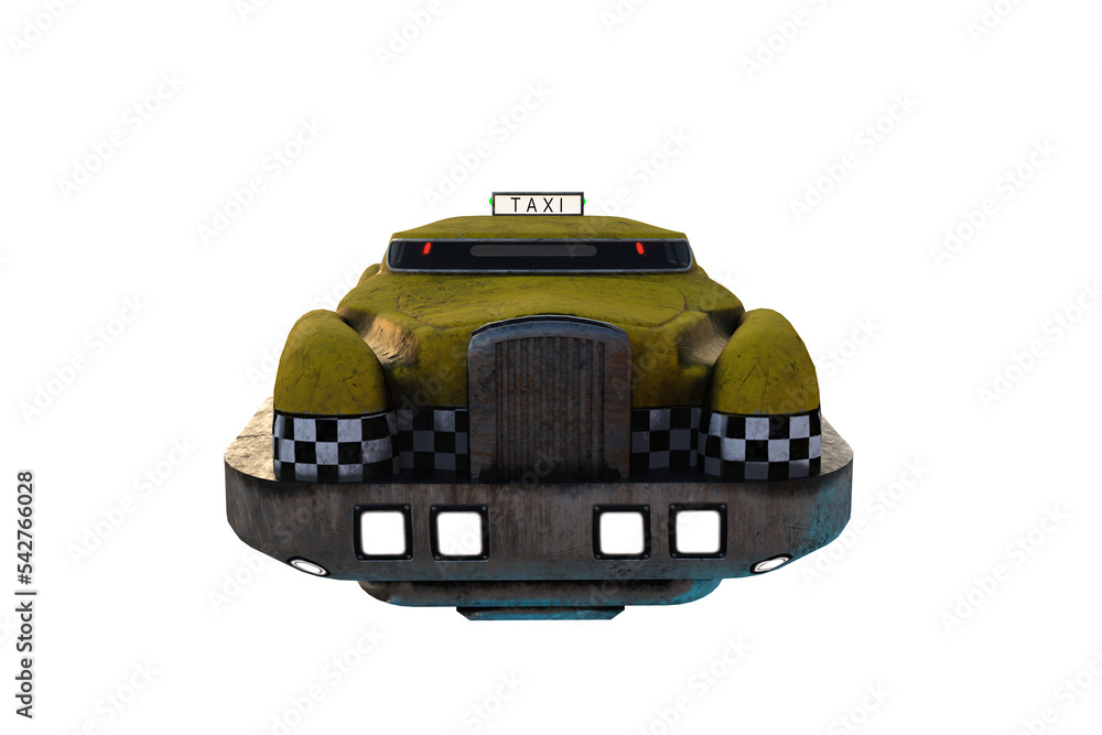 Poster Front view 3D rendering of a futuristic flying yellow taxi cab isolated on transparent background.