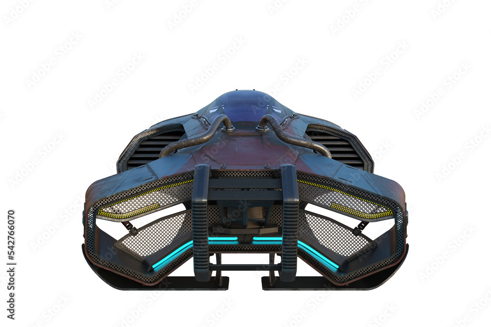Poster Front view 3D rendering of a futuristic sci-fi flying car isolated on transparent background.