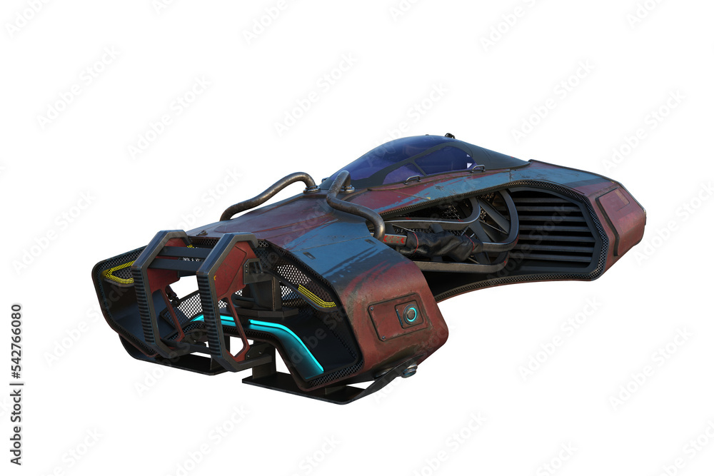 Poster Corner perspective view 3D rendering of a futuristic sci-fi flying car isolated on transparent background.