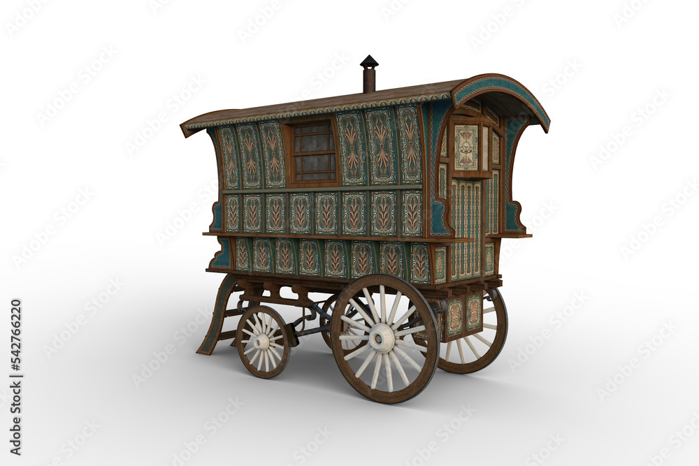 Poster Rear coner view 3D rendering of a turquoise and green Romany gypsy caravan isolated on transparent background.