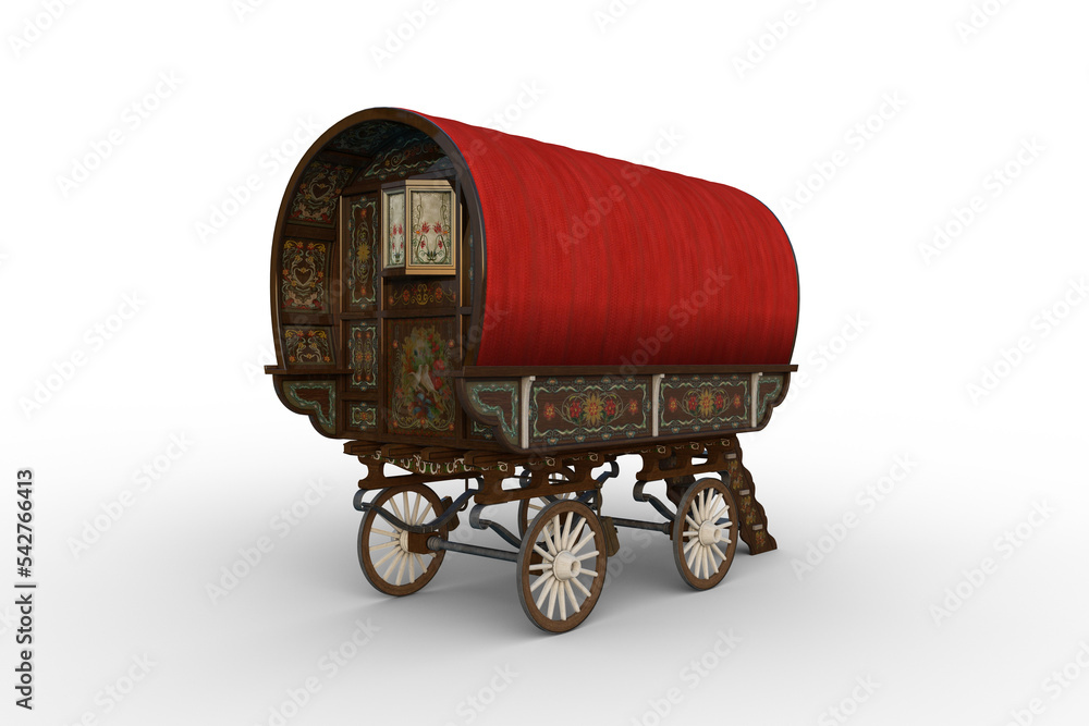 Poster Rear view 3D rendering of a traditional red roofed Romany gypsy caravan isolated on transparent background.