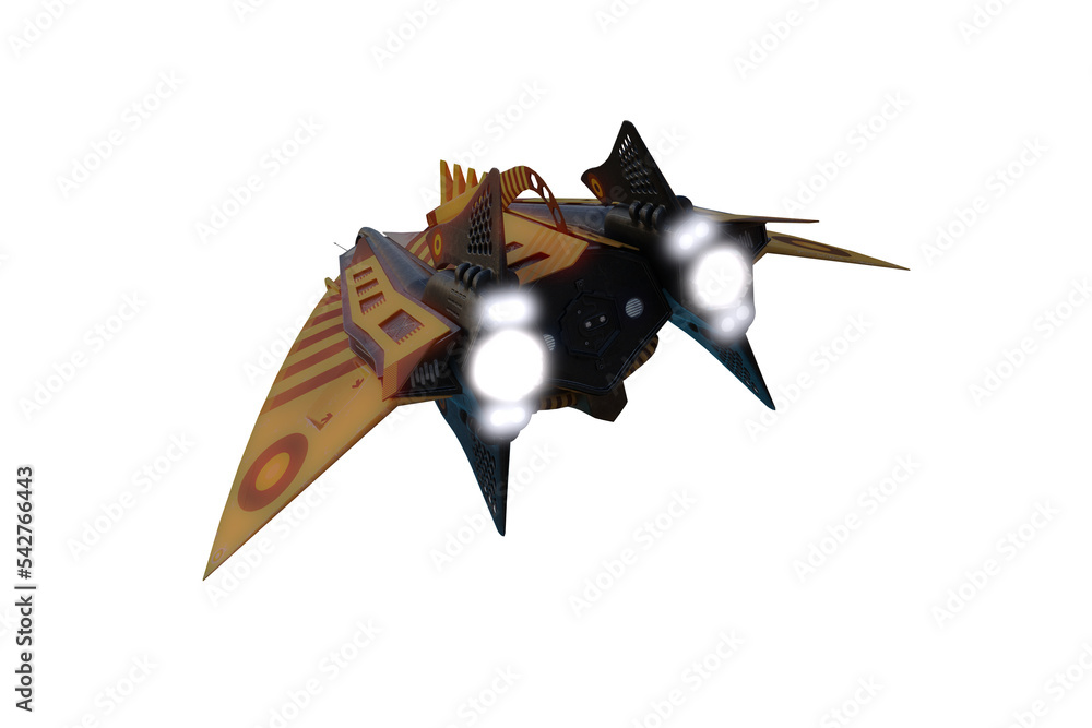 Poster 3d rendering of a futuristic space ship flying away isolated on transparent background.