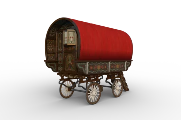 Poster Rear view 3D rendering of a traditional red roofed Romany gypsy caravan isolated on transparent background. © IG Digital Arts