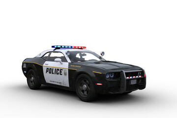 3D rendering of a black and white american police car isolated on transparent background. - obrazy, fototapety, plakaty