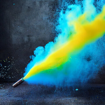 Bullet Flying Through The Air With Blue And Yellow Powder Explosion Texture Background | Ukraine Inspired Colors | Created Using Midjourney And Photoshop