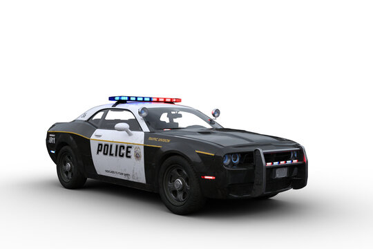 3D rendering of a black and white american police car isolated on transparent background.