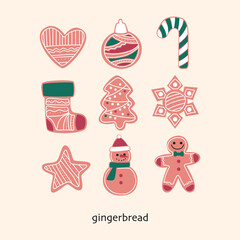 set of assorted gingerbread. Decorative Christmas cookies. isolated vector image