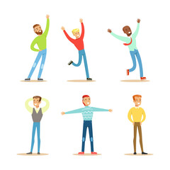 Fototapeta na wymiar Excited Man Character with Happy Smile Raised Up His Hands Celebrating Success Vector Set