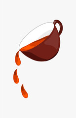 A cup with a drop of tea or coffee in the speaker. Tea and cups are being poured. realistic illustration isolated on a white background.