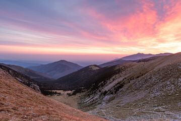 Sunrise on the beautiful mountains (Portella de Mentet, Pyrenees Mountains)