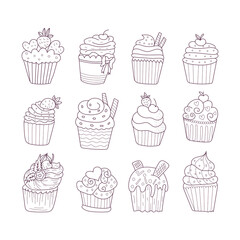 Set of cute vector cupcakes and yogurt icon in doodle style