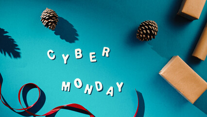 Cyber monday blue background on flat layer