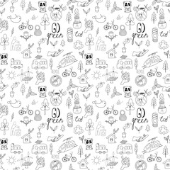 Fototapeta na wymiar Eco doodle seamless pattern for wrapping paper, textile, fabric, wallpaper. Ecological vector illustration