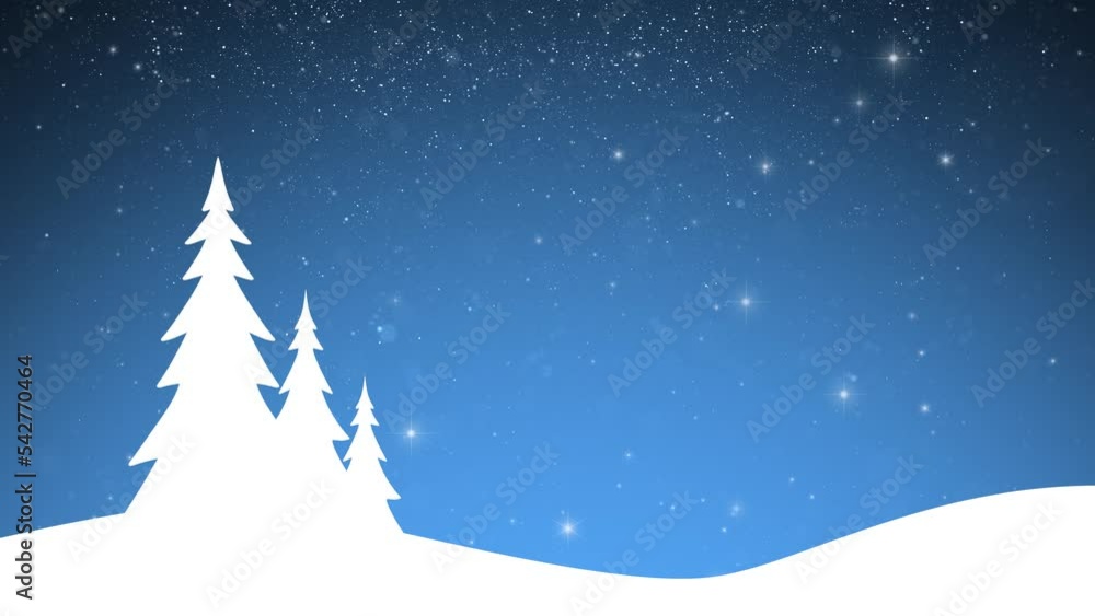 Poster illustrated winter snowy landscape with trees loop copy space animation background.