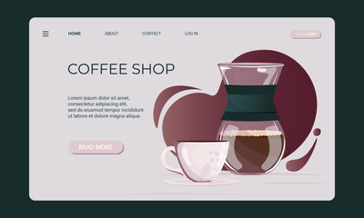 Coffee shop banner template, shop website, landing page background and mobile app. Glass chemex coffee maker with porcelain cup, saucer and black coffee.