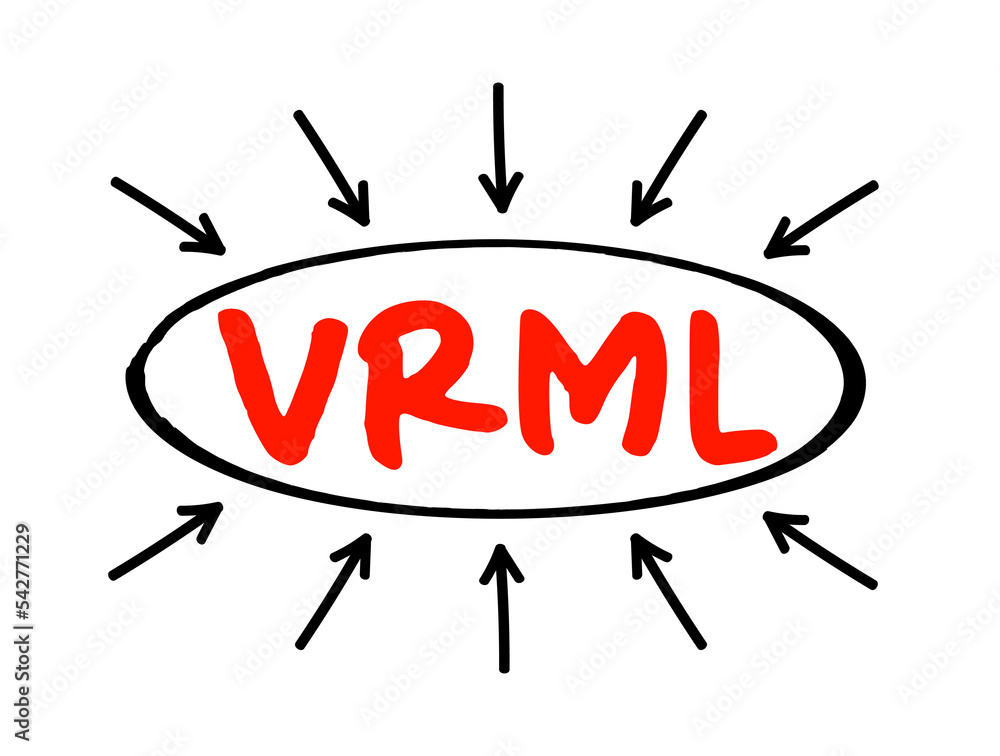 Poster vrml - virtual reality markup language acronym text with arrows, technology concept background
