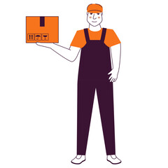 Man holding a package box.Delivery man.A postman with a box.Outline vector illustration.Isolated on white background.