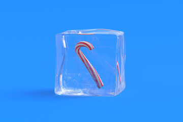 Christmas candy in ice cube. 3d illustration