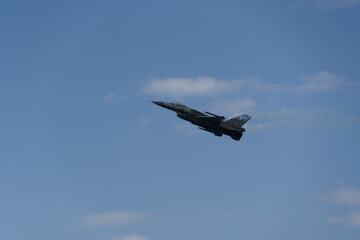 F-16C Block 52 plus fighter demonstrating flight air show. HAF Hellenic Air Force Jet of team Zeus above Thessaloniki, Greece during the 28 October National Oxi Day parade.