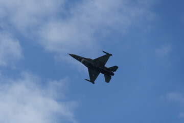 F-16C Block 52 plus fighter demonstrating flight air show. HAF Hellenic Air Force Jet of team Zeus above Thessaloniki, Greece during the 28 October National Oxi Day parade.