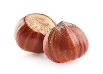 Hazelnuts in closep on white background