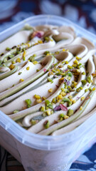 industrial hazelnut flavored ice cream with chopped pistachios - closeup