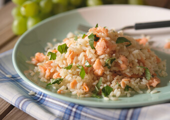 rice with salmon and vegetables - closeup - italian food