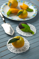 sweets made with almond paste in the shape of fruit - traditional Sicilian dessert - closeup