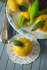 sweets made with almond paste in the shape of fruit - traditional Sicilian dessert - closeup