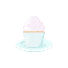 Delicious cupcake with pink cream on blue plate. Vector illustration.
