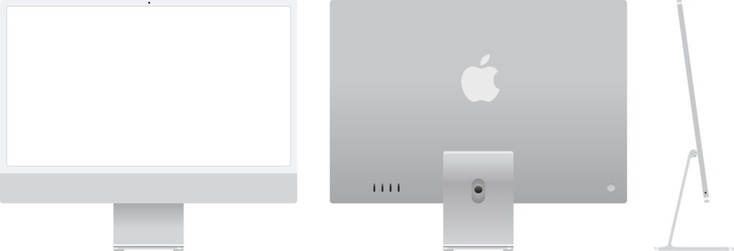 Realistic mockups of the new iMac 24 in silver on transparent background. Apple iMac set. Front, back and side views. PNG image