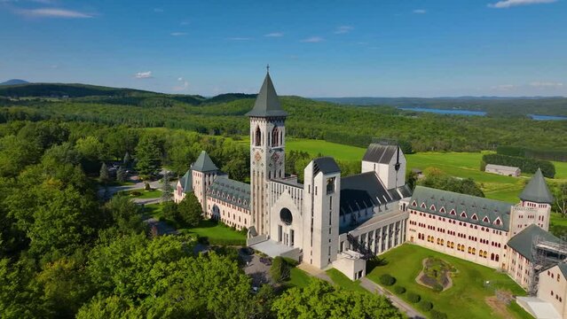 Abbaye de Saint Benoit du Lac aerial view on the Lake Memphremagog in Memphremagog County, Quebec QC, Canada.&nbsp;