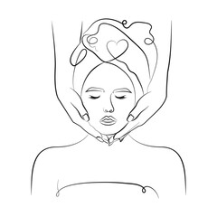 The girl takes care of her face. Facial care, one line drawing, line art. Vector illustration