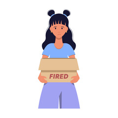 Nice girl fired from her job. Isolated on white background. Vector illustration