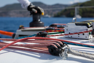 winch, ropes, ropes, knots on a sailing yacht