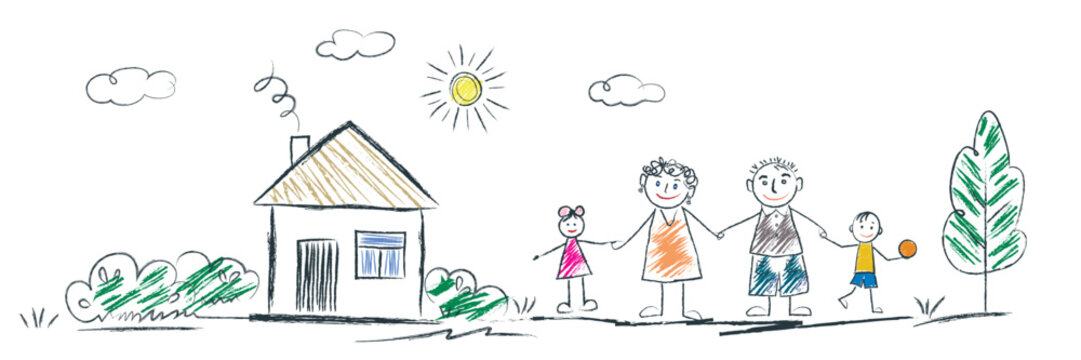 Family - little girl and boy holding hands with mother and father, house, sun, clouds, summer day. doodles are drawn by a child's hand with colored pencils on a white background.