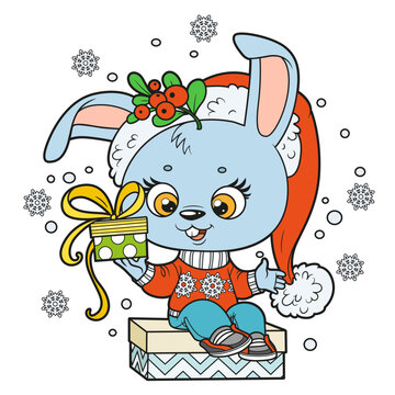 Cute cartoon rabbit in a New Year's hat  sit on gift box and with gift in paw color variation for coloring page on white background