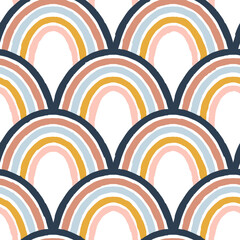 Seamless children's pattern of geometric bright arcs of different colors on a white background.