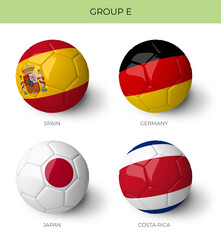 Group E 3D Balls with flags on white background for Qatar 2022 world cup groups 