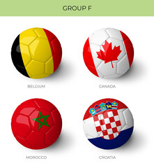 Group F 3D Balls with flags on white background for Qatar 2022 world cup groups 