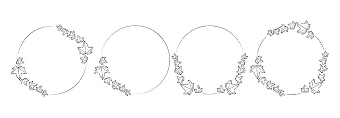 Set of doodle floral, line and leaf circle frames. Ivy leaves ink style. 