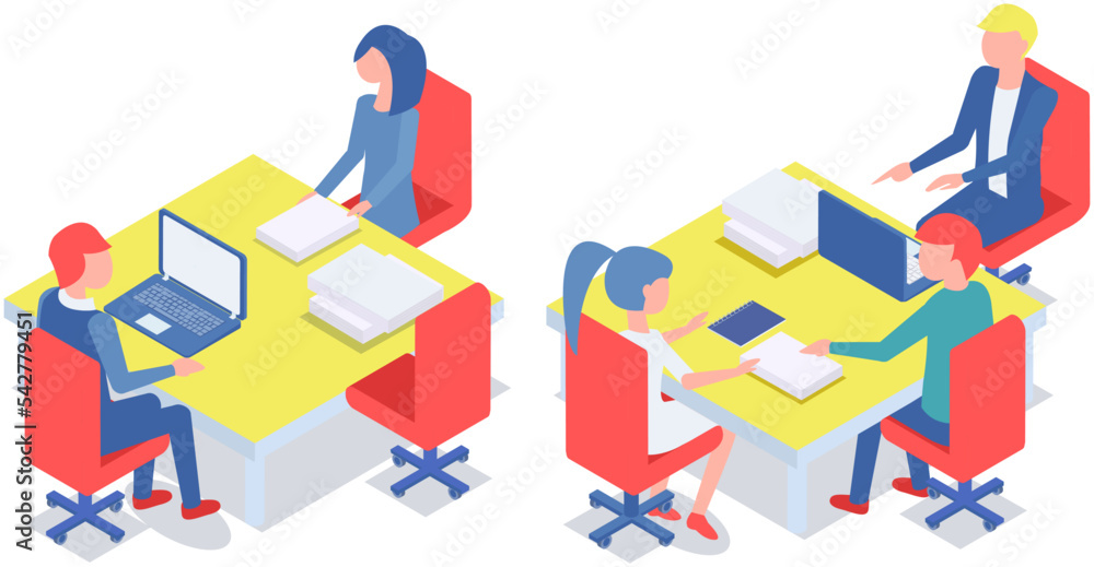 Poster office staff, work and communication. head and subordinates. various workers, managers team. top man