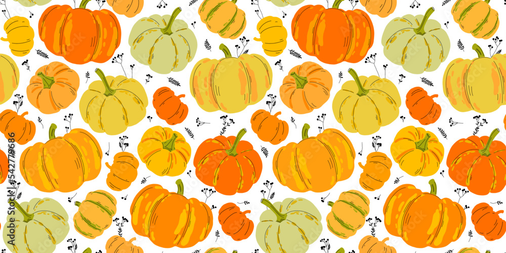 Poster seamless vector pattern of colorful pumpkins. flat style. vector illustration for repeatable backdro