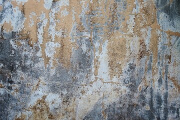 A weathered concrete wall with cracks and peeling paint, showing signs of age and decay.