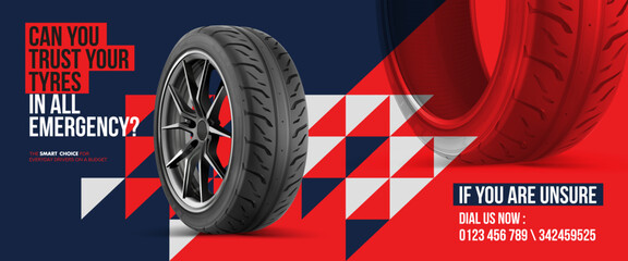 Car wheels on an advertising banner Red and blue colors. Can you trust your tires in all emergencies? Creative background. Sports tires set for winter and summer. Realistic Tyre. Creative sale layout.